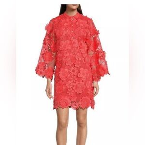NWT $168 J Marie Seraphina Lace Dress Bright Coral Floral Lined Flare Slv Sz S
